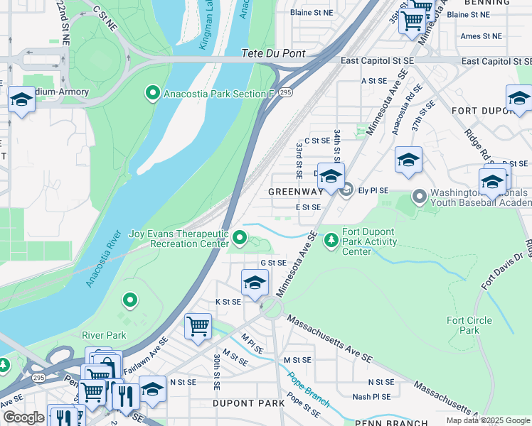 map of restaurants, bars, coffee shops, grocery stores, and more near 3125 E Street Southeast in Washington