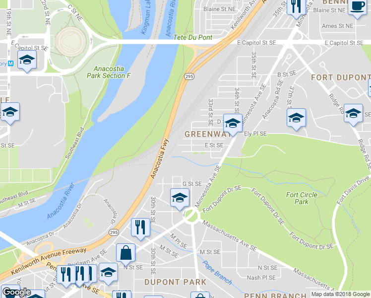 map of restaurants, bars, coffee shops, grocery stores, and more near 3121 E Street Southeast in Washington