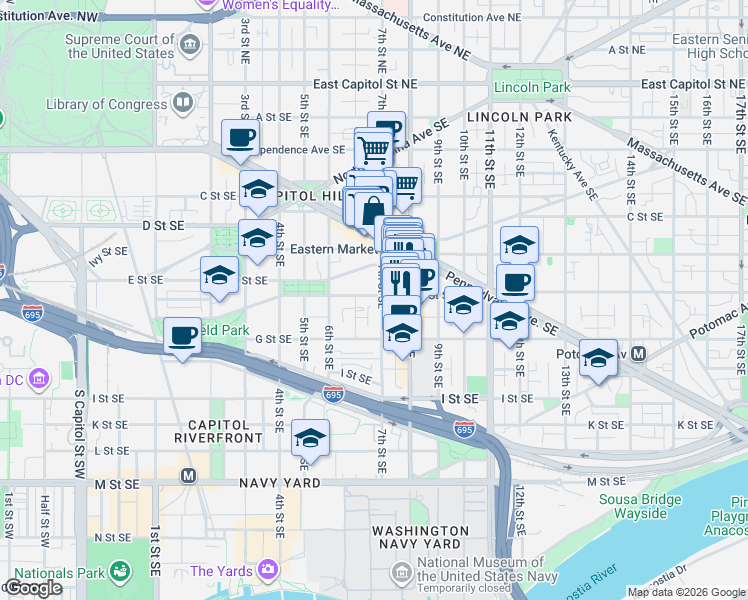map of restaurants, bars, coffee shops, grocery stores, and more near 101 Independence Avenue Southeast in Washington
