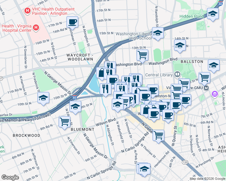 map of restaurants, bars, coffee shops, grocery stores, and more near 1000 North Glebe Road in Arlington