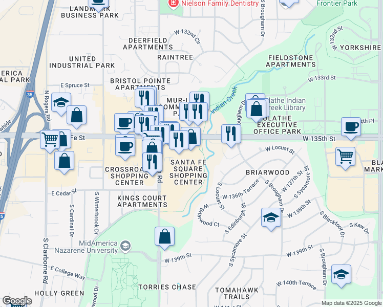 map of restaurants, bars, coffee shops, grocery stores, and more near 13507 South Mur-Len Road in Olathe