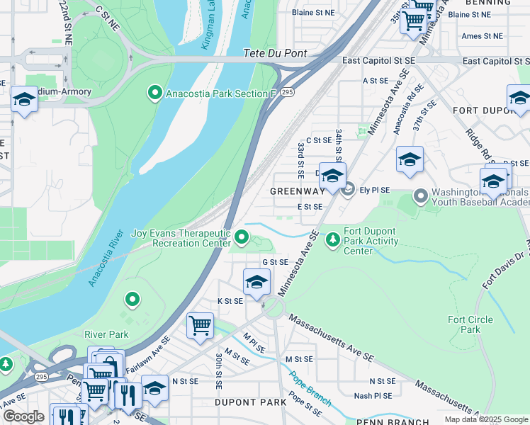 map of restaurants, bars, coffee shops, grocery stores, and more near 3121 E Street Southeast in Washington