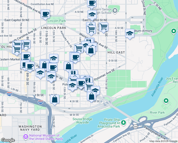 map of restaurants, bars, coffee shops, grocery stores, and more near 101 Independence Avenue Southeast in Washington