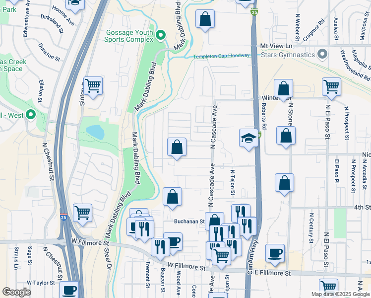 map of restaurants, bars, coffee shops, grocery stores, and more near 13305 Old Pueblo Road in Colorado Springs