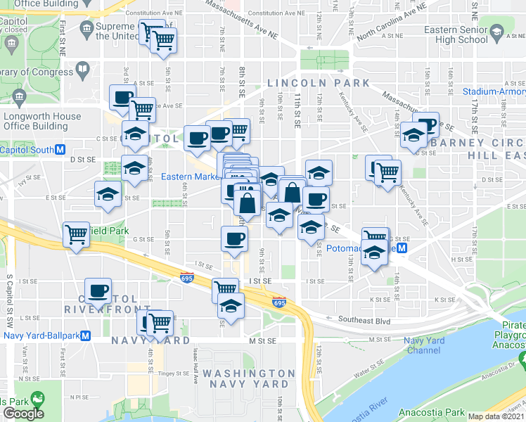 map of restaurants, bars, coffee shops, grocery stores, and more near 101 Independence Avenue Southeast in Washington