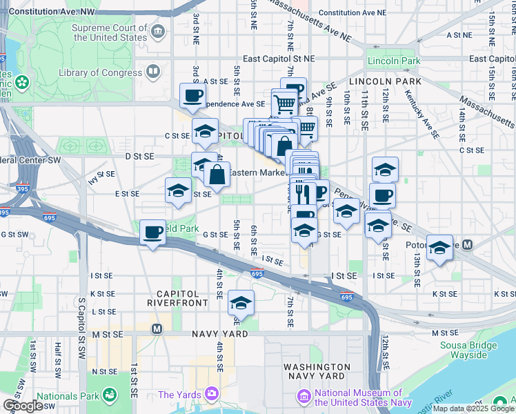 map of restaurants, bars, coffee shops, grocery stores, and more near 101 Independence Avenue Southeast in Washington