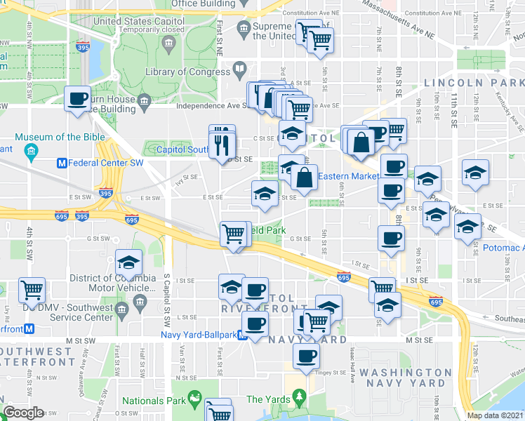 map of restaurants, bars, coffee shops, grocery stores, and more near 101 Independence Avenue Southeast in Washington
