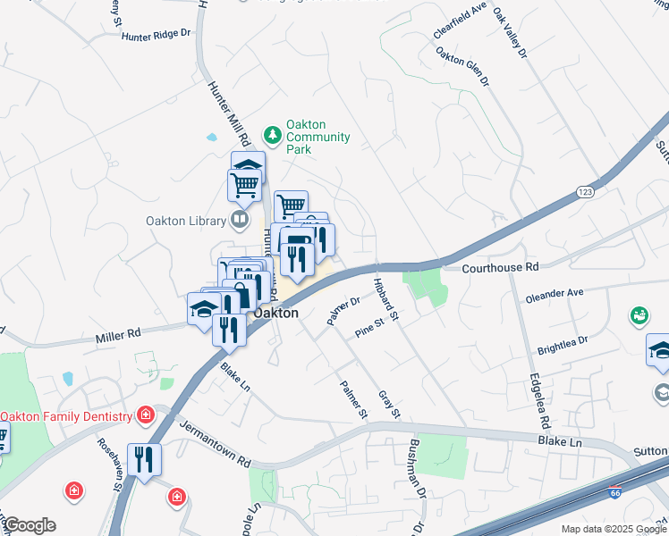 map of restaurants, bars, coffee shops, grocery stores, and more near 2832 Oakton Manor Court in Oakton