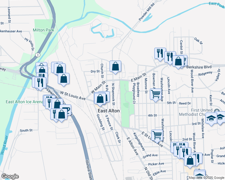 map of restaurants, bars, coffee shops, grocery stores, and more near 209 North Shamrock Street in East Alton