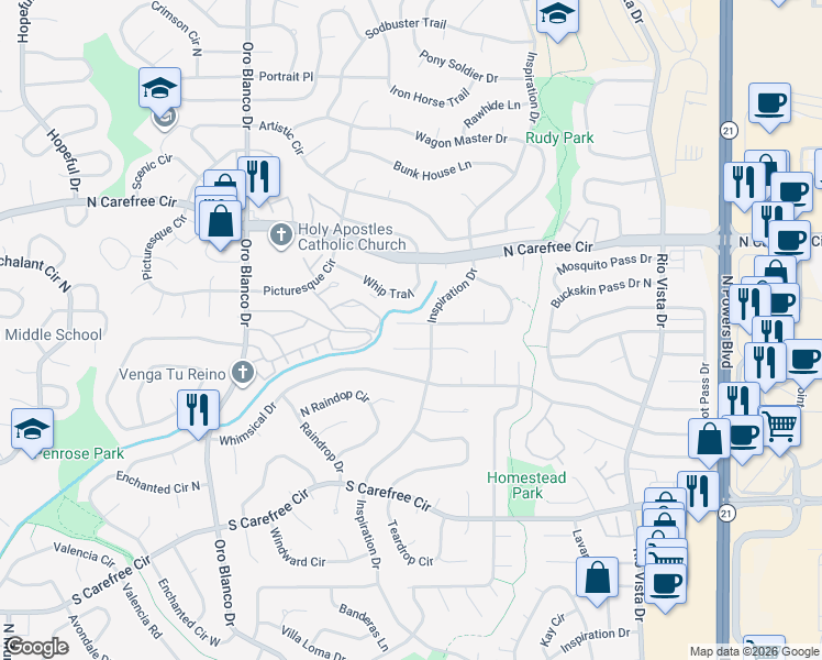 map of restaurants, bars, coffee shops, grocery stores, and more near 5145 Smokehouse Lane in Colorado Springs