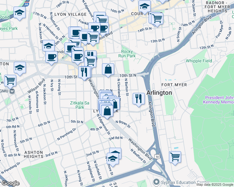 map of restaurants, bars, coffee shops, grocery stores, and more near 820 North Cleveland Street in Arlington