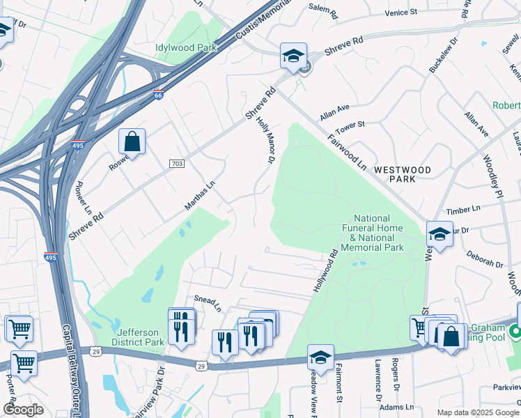 map of restaurants, bars, coffee shops, grocery stores, and more near 2607 Holly Manor Drive in Falls Church