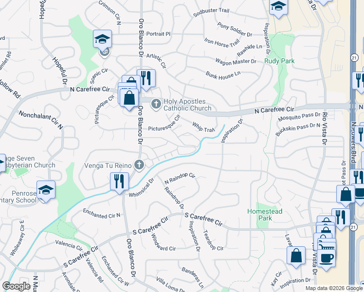 map of restaurants, bars, coffee shops, grocery stores, and more near 5051-5099 Sunsuite Trail in Colorado Springs