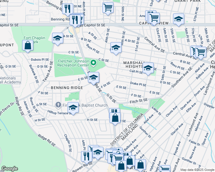 map of restaurants, bars, coffee shops, grocery stores, and more near 4871 F Street Southeast in Washington