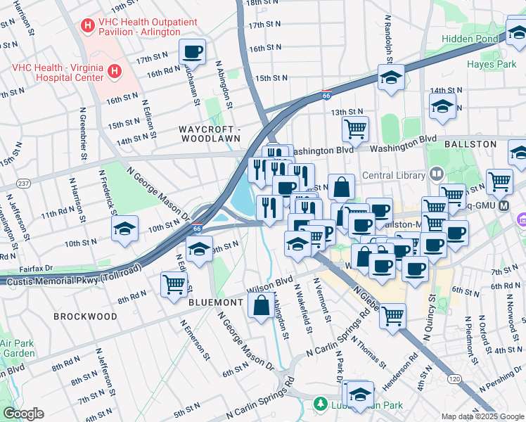 map of restaurants, bars, coffee shops, grocery stores, and more near 4601 Fairfax Drive in Arlington