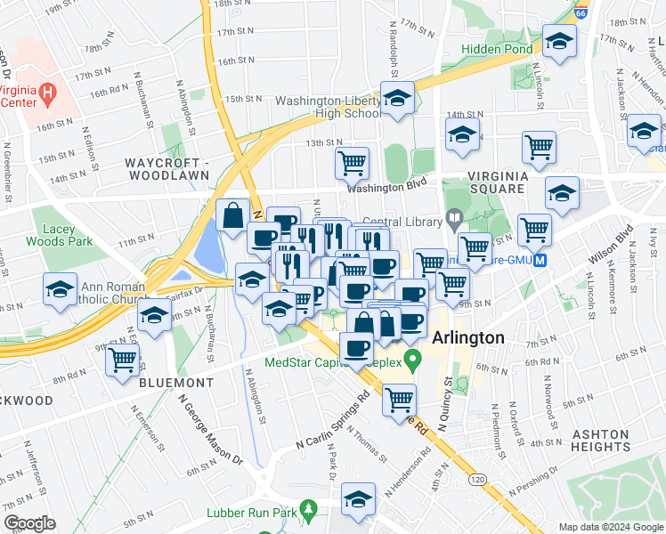 map of restaurants, bars, coffee shops, grocery stores, and more near 1050 N Taylor St in Arlington