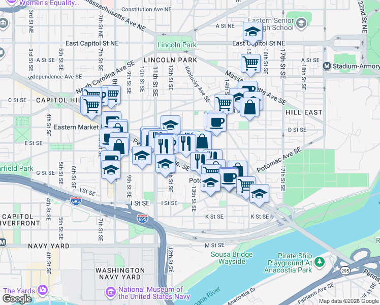 map of restaurants, bars, coffee shops, grocery stores, and more near 101 Independence Avenue Southeast in Washington