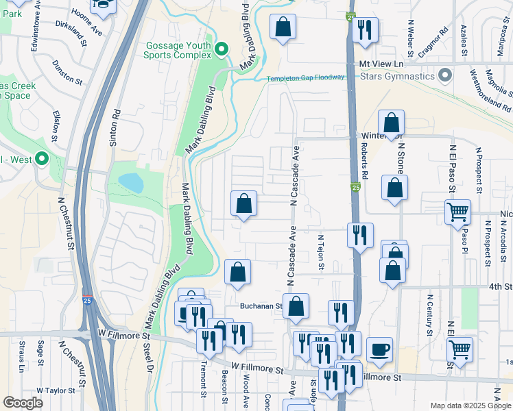 map of restaurants, bars, coffee shops, grocery stores, and more near 13305 Old Pueblo Road in Colorado Springs