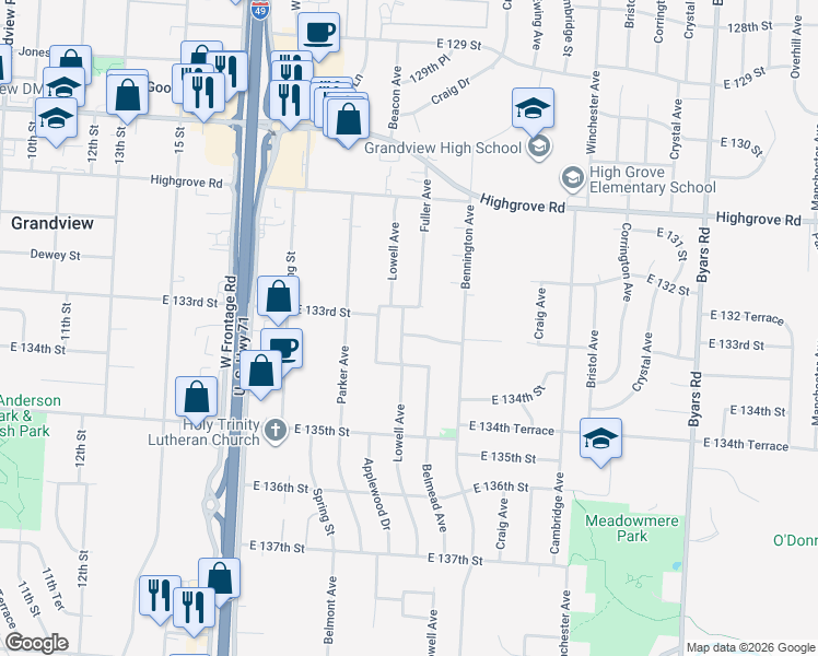 map of restaurants, bars, coffee shops, grocery stores, and more near 6400 East 133rd Terrace in Grandview