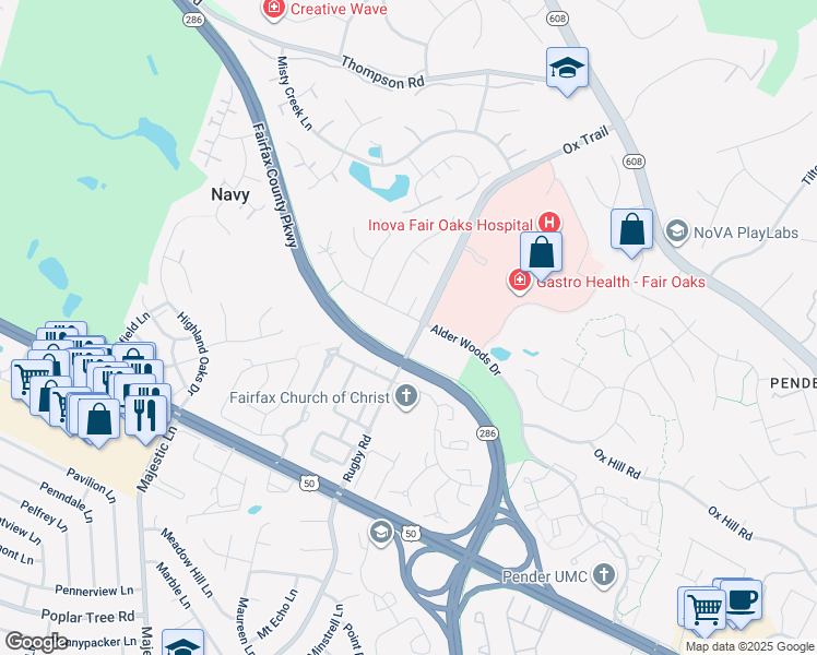 map of restaurants, bars, coffee shops, grocery stores, and more near 3800 Rugby Road in Fairfax