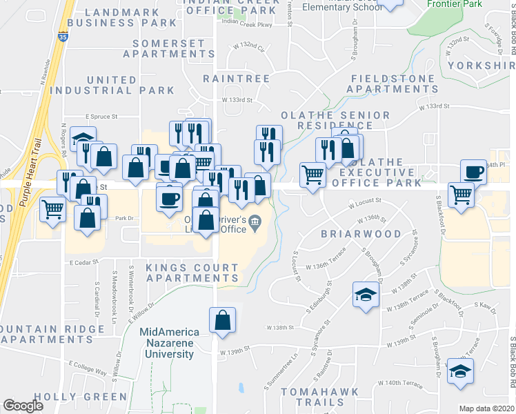 map of restaurants, bars, coffee shops, grocery stores, and more near 13507 South Mur-Len Road in Olathe