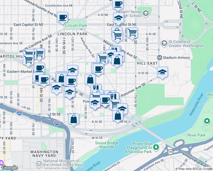 map of restaurants, bars, coffee shops, grocery stores, and more near 101 Independence Avenue Southeast in Washington