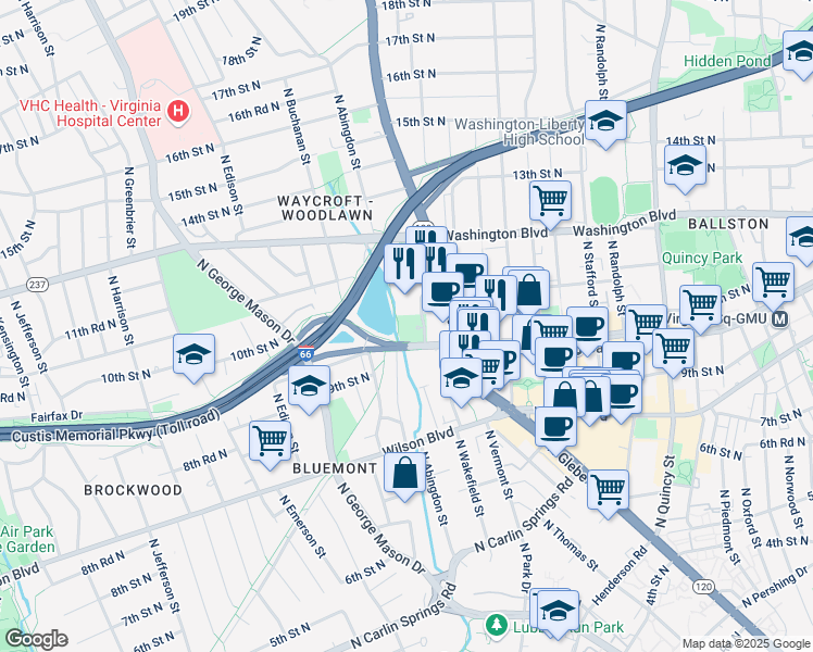 map of restaurants, bars, coffee shops, grocery stores, and more near 4601 Fairfax Drive in Arlington
