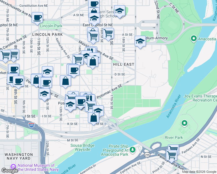map of restaurants, bars, coffee shops, grocery stores, and more near 101 Independence Avenue Southeast in Washington
