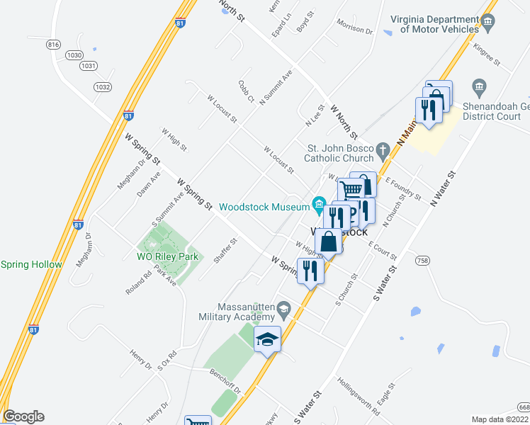 map of restaurants, bars, coffee shops, grocery stores, and more near 414 West High Street in Woodstock