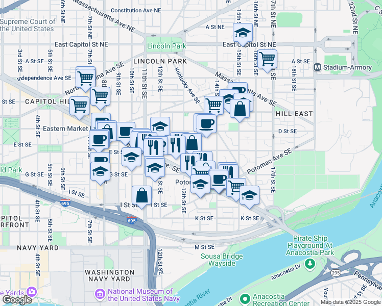 map of restaurants, bars, coffee shops, grocery stores, and more near 1309 E Street Southeast in Washington