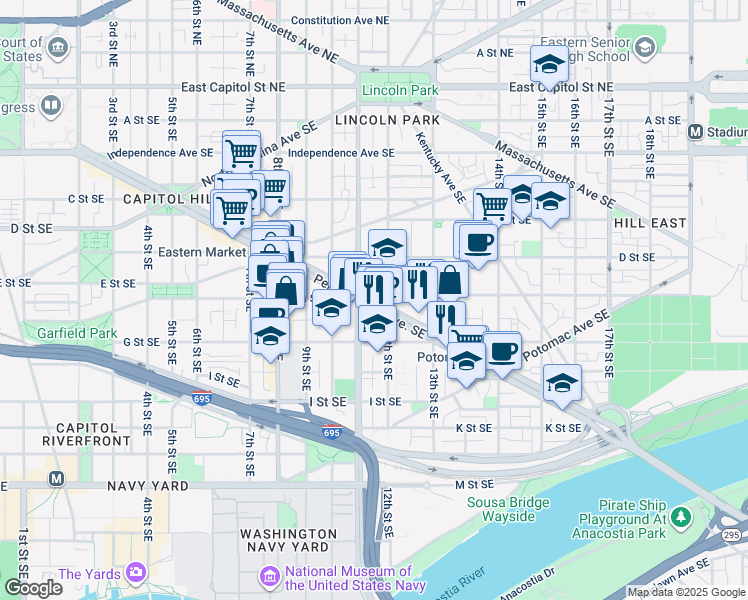 map of restaurants, bars, coffee shops, grocery stores, and more near in Washington