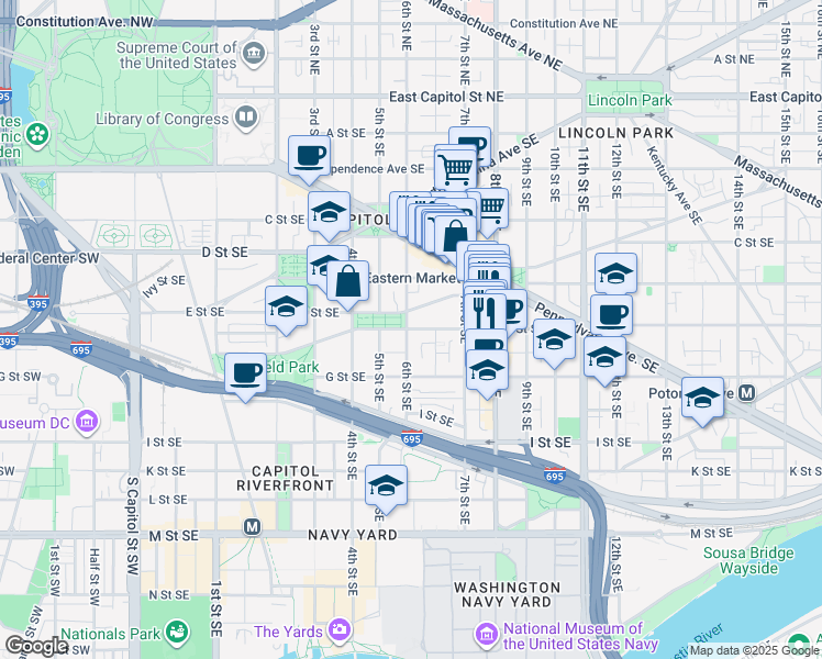 map of restaurants, bars, coffee shops, grocery stores, and more near 101 Independence Avenue Southeast in Washington