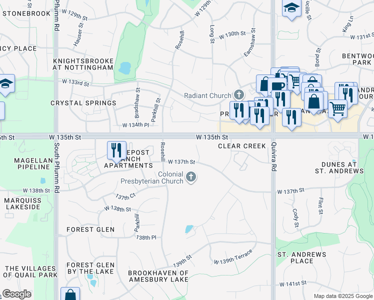 map of restaurants, bars, coffee shops, grocery stores, and more near 12443-12671 West 135th Street in Overland Park