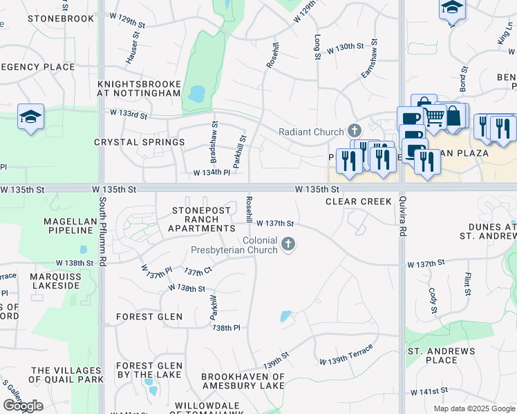 map of restaurants, bars, coffee shops, grocery stores, and more near 12610 West 137th Street in Overland Park