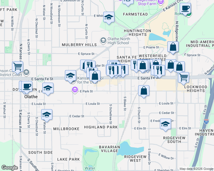 map of restaurants, bars, coffee shops, grocery stores, and more near 131 North Buchanan Street in Olathe