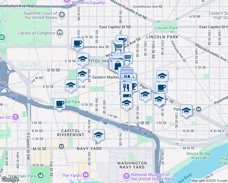 map of restaurants, bars, coffee shops, grocery stores, and more near 101 Independence Avenue Southeast in Washington