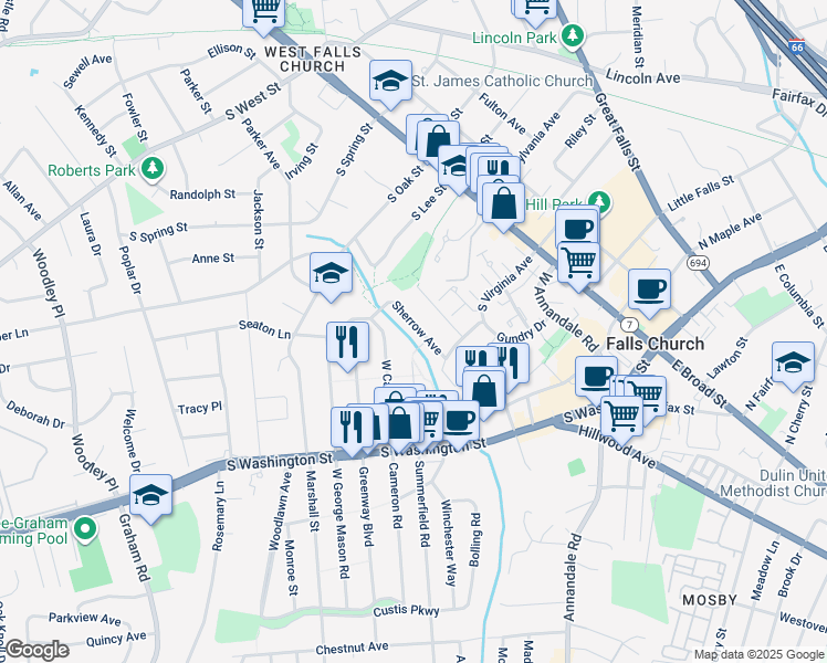 map of restaurants, bars, coffee shops, grocery stores, and more near 409 Sherrow Avenue in Falls Church
