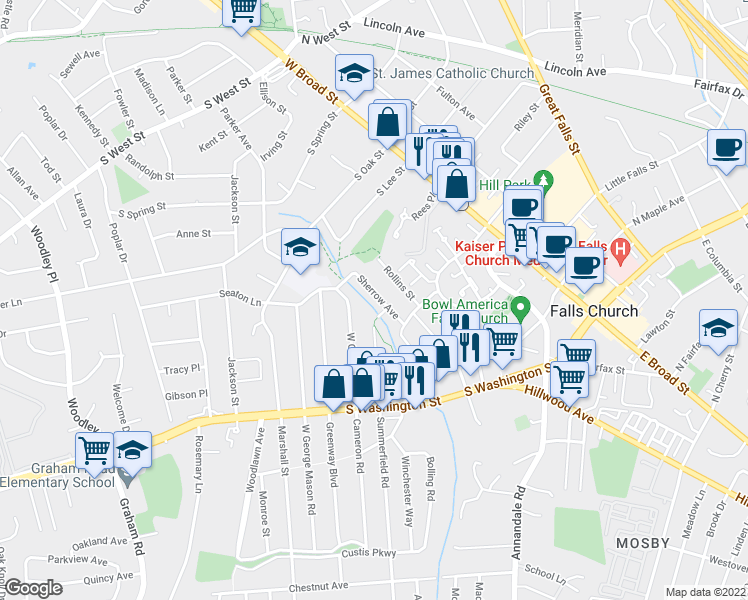 map of restaurants, bars, coffee shops, grocery stores, and more near 409 Sherrow Avenue in Falls Church