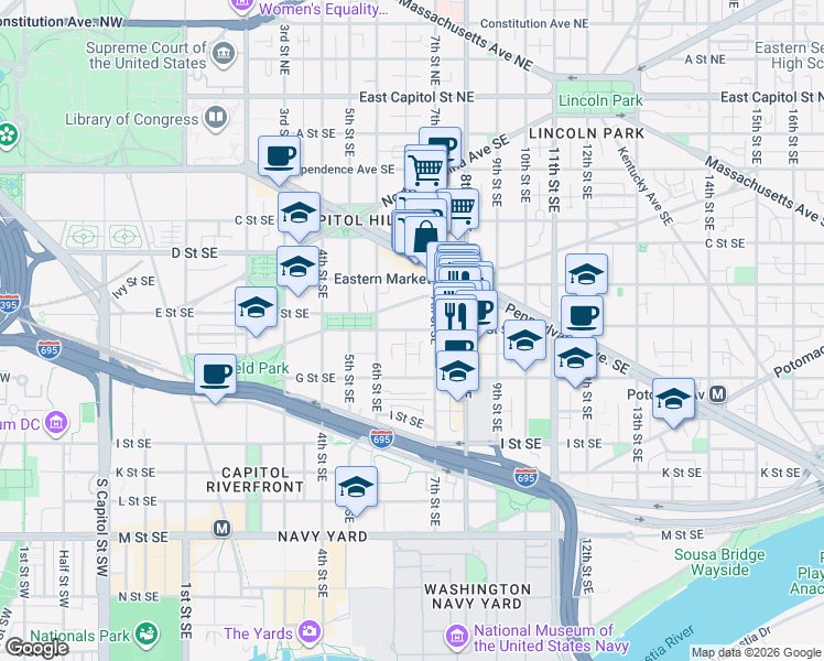 map of restaurants, bars, coffee shops, grocery stores, and more near 101 Independence Avenue Southeast in Washington