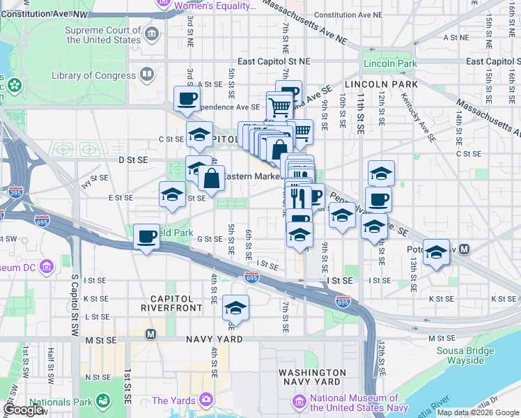 map of restaurants, bars, coffee shops, grocery stores, and more near 101 Independence Avenue Southeast in Washington