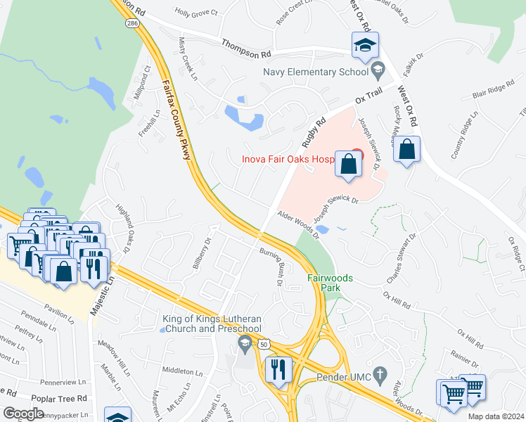 map of restaurants, bars, coffee shops, grocery stores, and more near 3800 Rugby Road in Fairfax