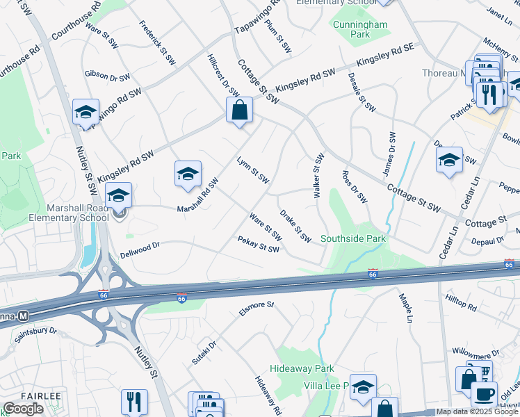 map of restaurants, bars, coffee shops, grocery stores, and more near 508 Yeonas Drive Southwest in Vienna
