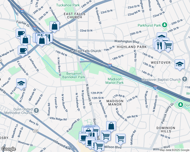 map of restaurants, bars, coffee shops, grocery stores, and more near 1705 North Quesada Street in Arlington