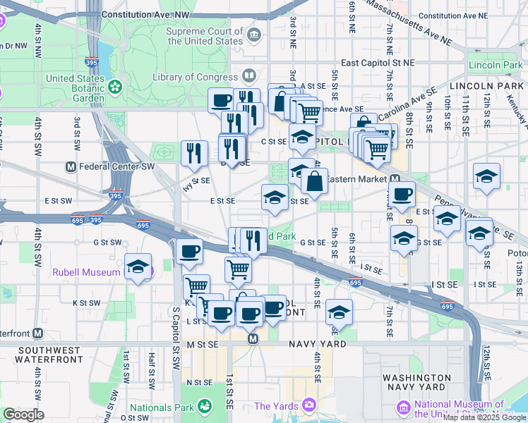 map of restaurants, bars, coffee shops, grocery stores, and more near 101 Independence Avenue Southeast in Washington