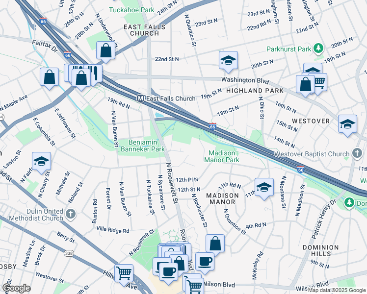map of restaurants, bars, coffee shops, grocery stores, and more near 1705 North Quesada Street in Arlington