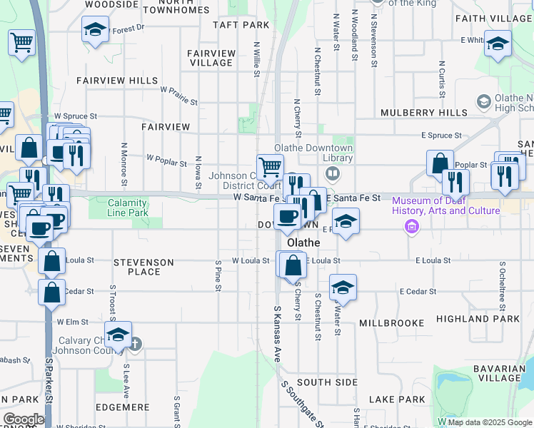 map of restaurants, bars, coffee shops, grocery stores, and more near 101 North Kansas Avenue in Olathe
