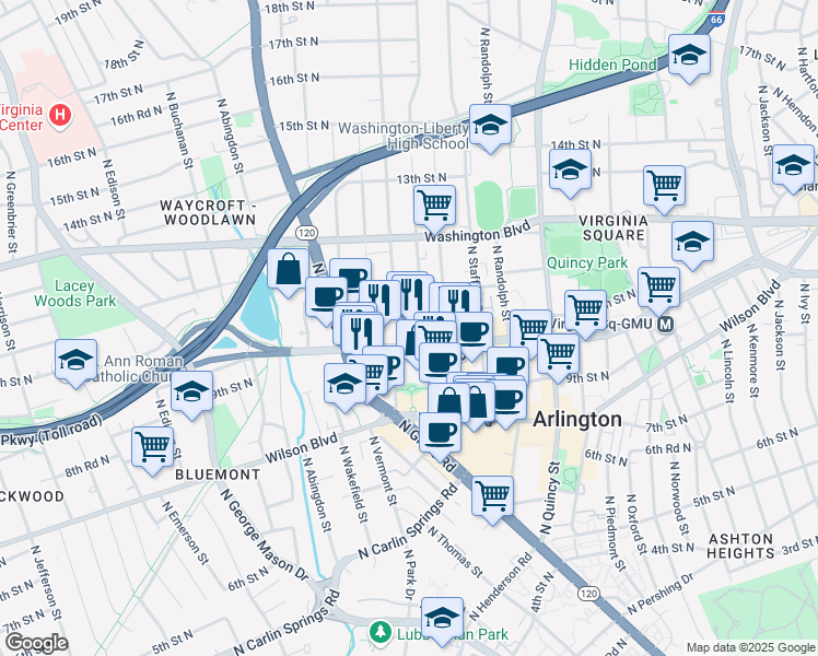 map of restaurants, bars, coffee shops, grocery stores, and more near 4301 Fairfax Drive in Arlington