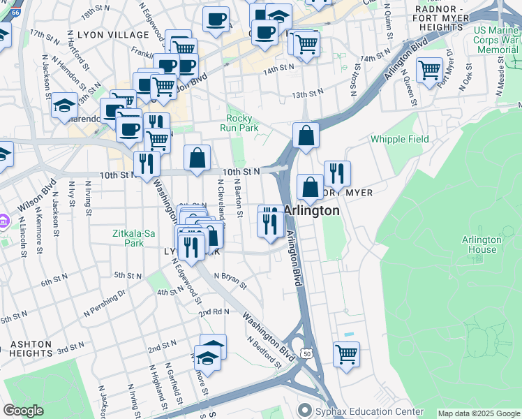 map of restaurants, bars, coffee shops, grocery stores, and more near 808 North Wayne Street in Arlington