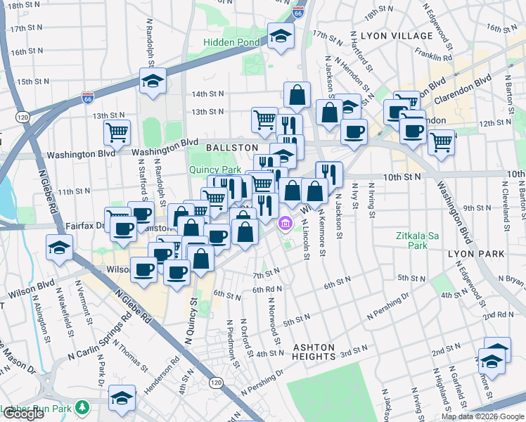 map of restaurants, bars, coffee shops, grocery stores, and more near 901 North Nelson Street in Arlington