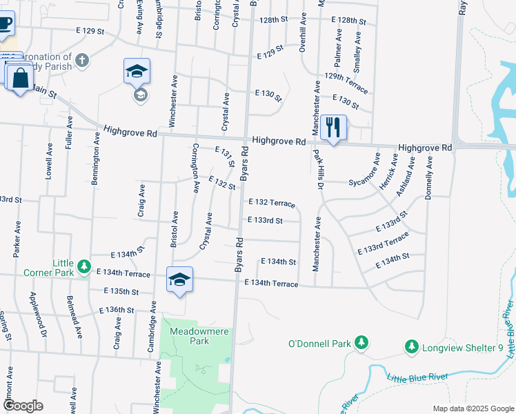 map of restaurants, bars, coffee shops, grocery stores, and more near 7501 East 132 Terrace in Grandview